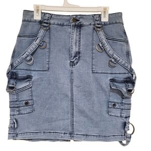 Highlight Womens Large Blue Denim Cargo Mini Skirt D-Ring Utility Goth Grunge